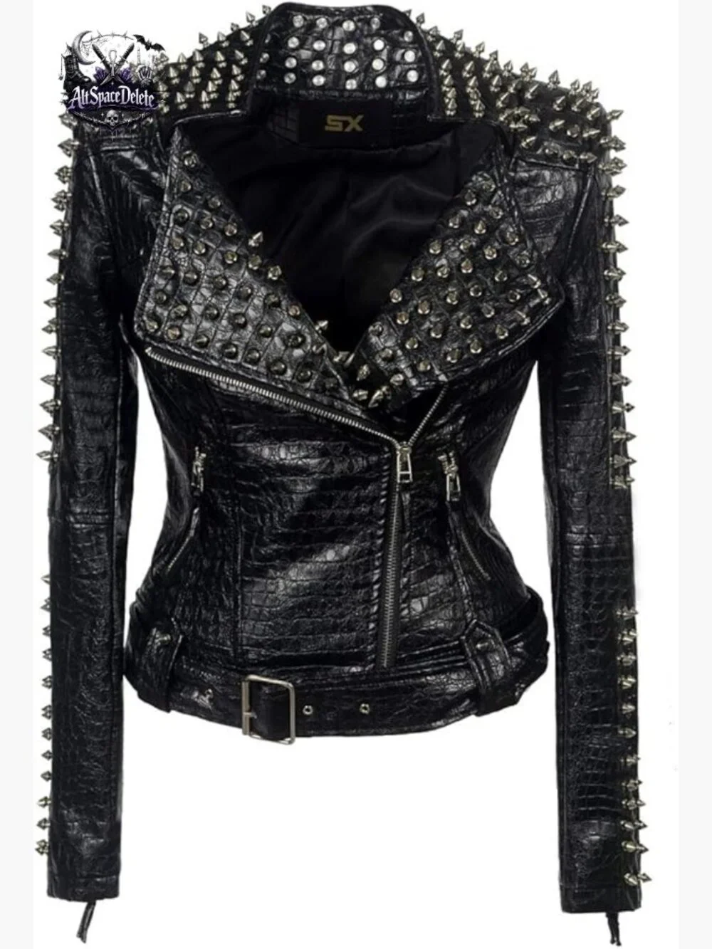 Faux Leather Motorcycle Jacket with Studded Rivets, Long Sleeve, Fitted
